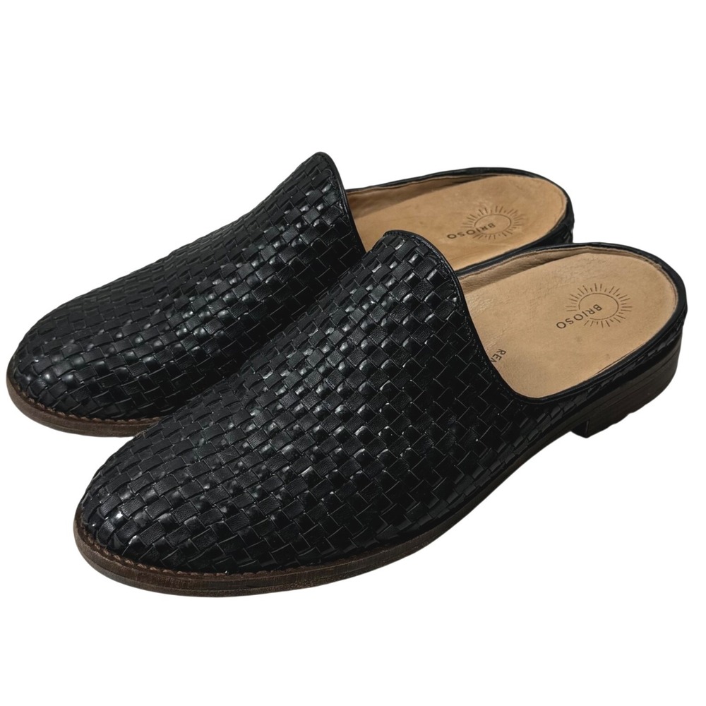 Brioso Fern Woven Leather Mules Womens 8.5 Black Basket Weave Slip On Slides